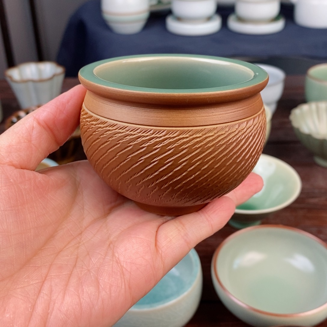 朱砂胎跳刀草木灰加梅子青缸杯 不开片 