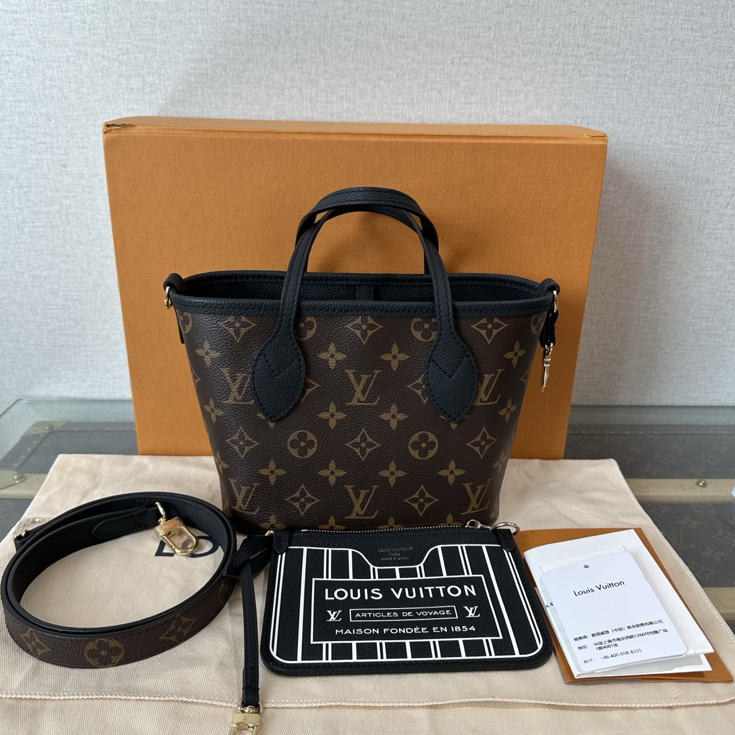 99新 LV 路易威登老花 neverfull BB黑双面子母手提斜挎包 13683