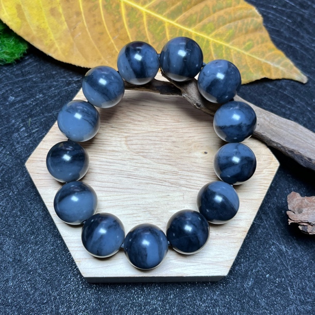 天然和田玉青花聚宝盆卡16男士大手串 高端大气上档次意境美素圈