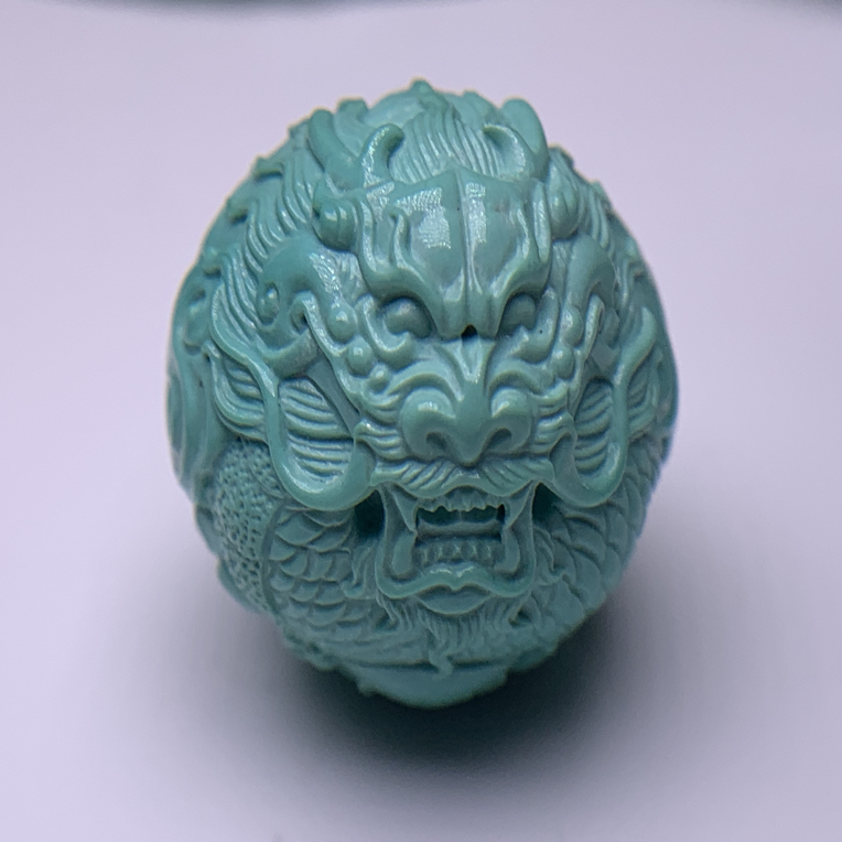 （何姐绿松石）原矿瓷釉级玉化蓝绿料精雕龙珠19.5mm重9g