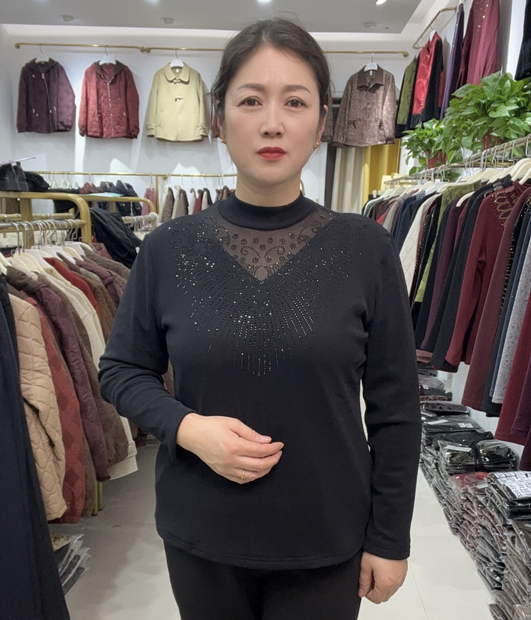 【丽人坊】冬季新款 加绒加厚打底 高档烫钻 气质显瘦 网纱加绒2586