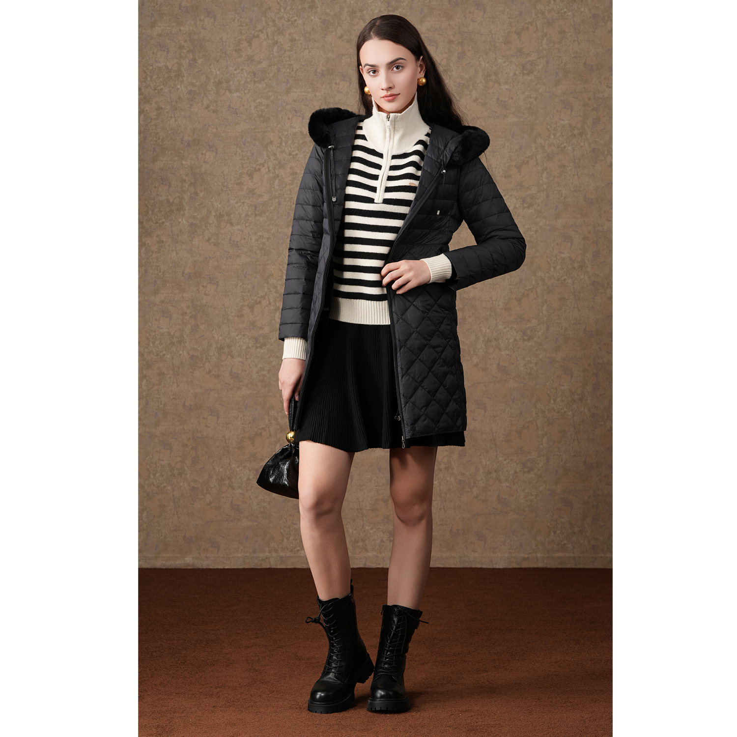 Gowani/乔万尼冬季收腰显瘦保暖抗寒中长款连帽羽绒服ES4T463501