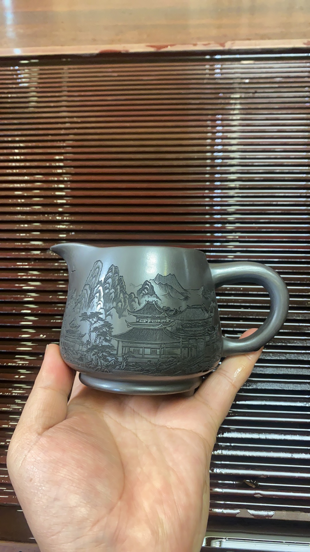 宜兴紫砂原矿石黄公道杯分茶器蓬莱仙山刻绘容量300c