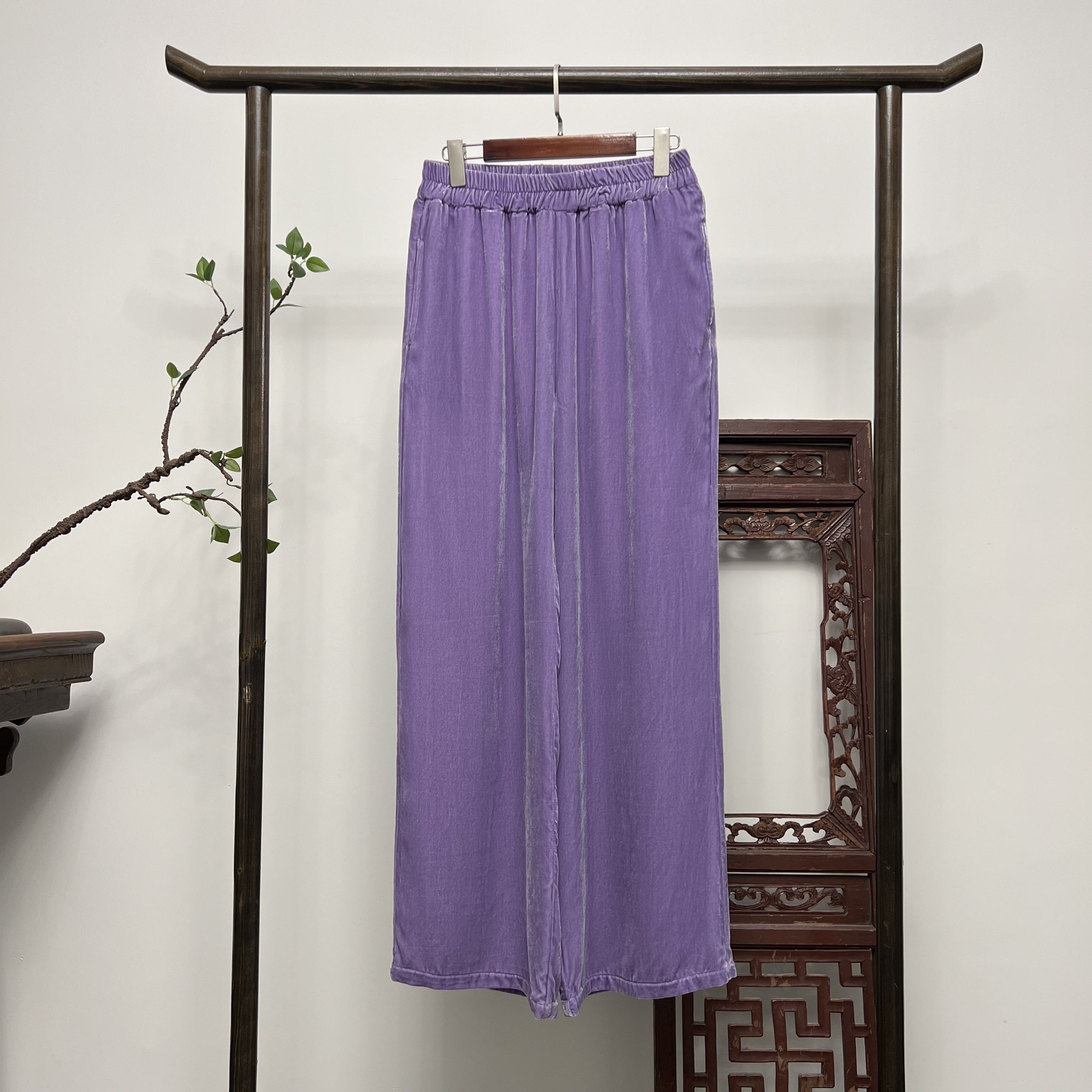 【盏月】新中式百搭桑蚕丝直筒阔腿丝绒长裤K60038