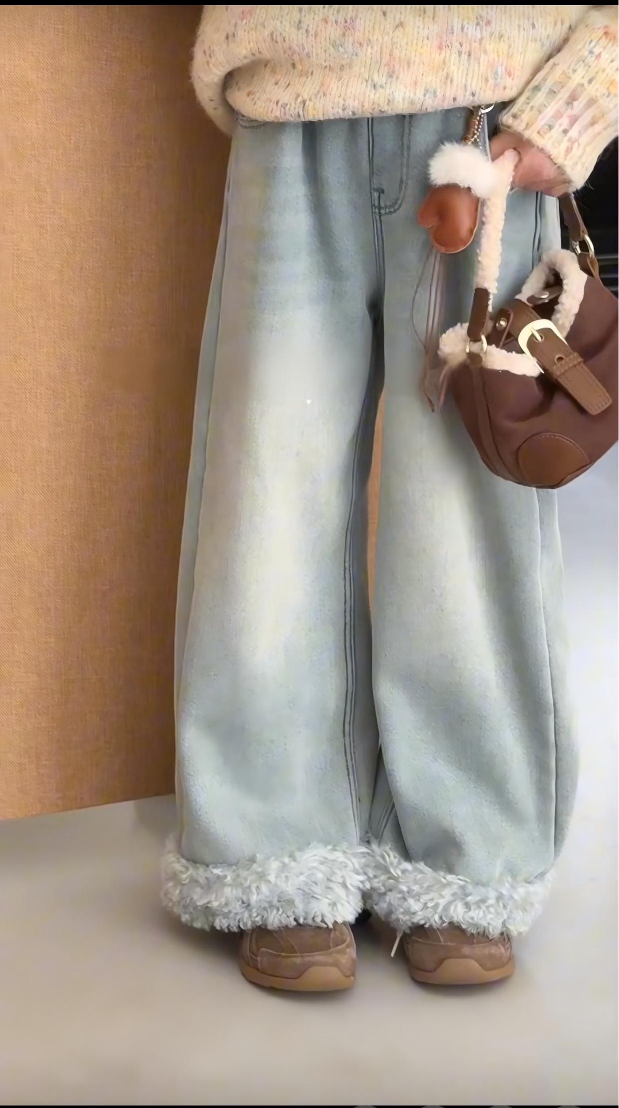 女童冬季新款毛绒卷边阔腿裤中大童加绒纯色直筒长裤3590