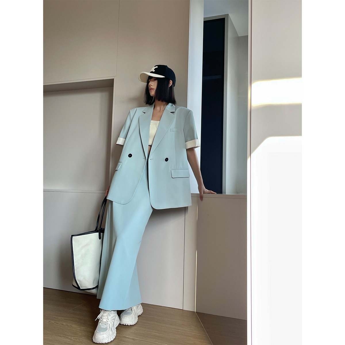 【清】P0630X2735 高级感半身裙短袖西装套装设计感休闲开叉长裙女