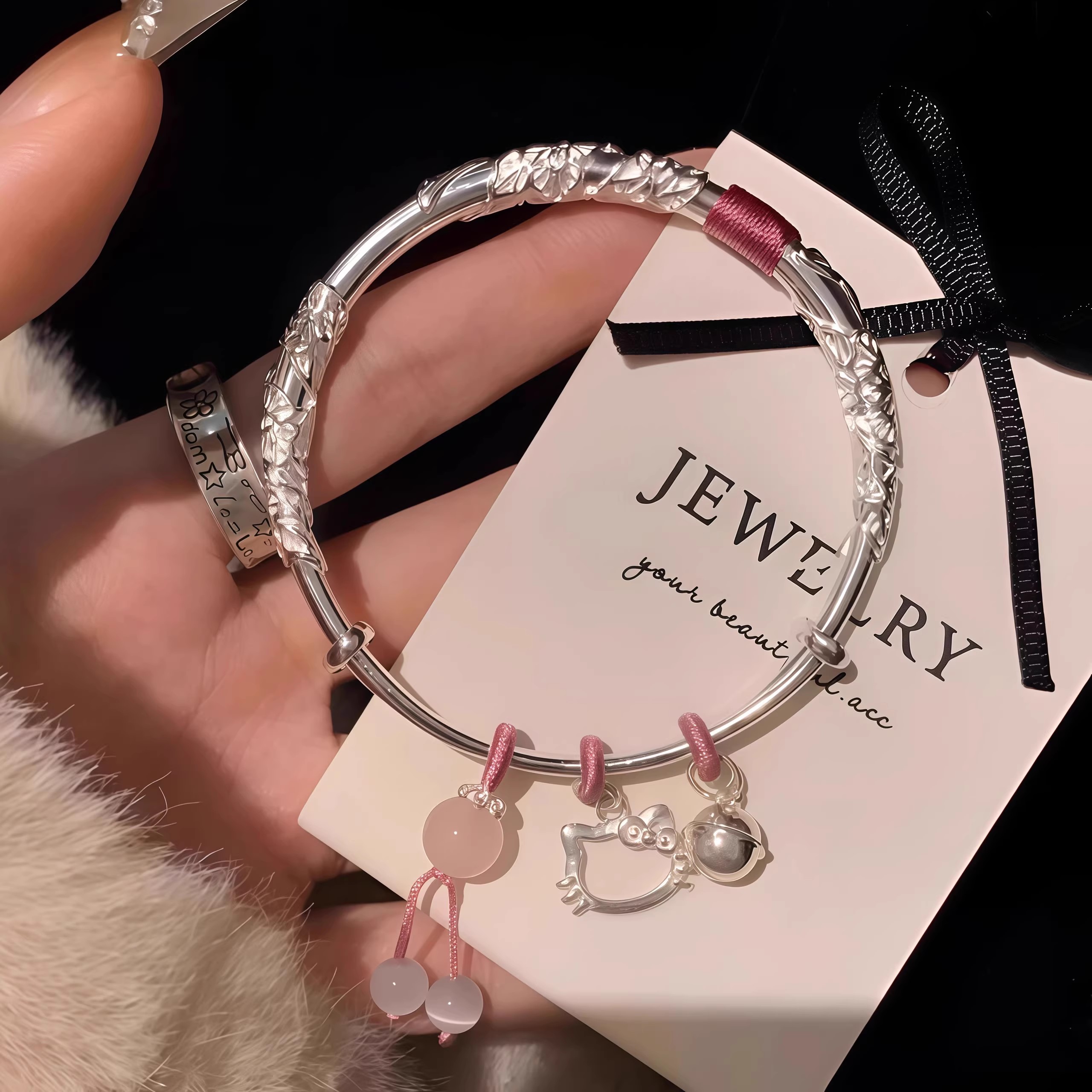 足银手镯 纯银S999繁花似锦手镯女HelloKitty手镯实心活口可调节