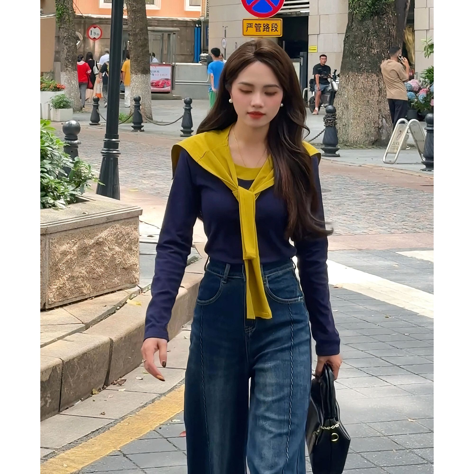 【清货价】小个子撞色休闲针织披肩纯色棉长袖打底T恤两件套春秋