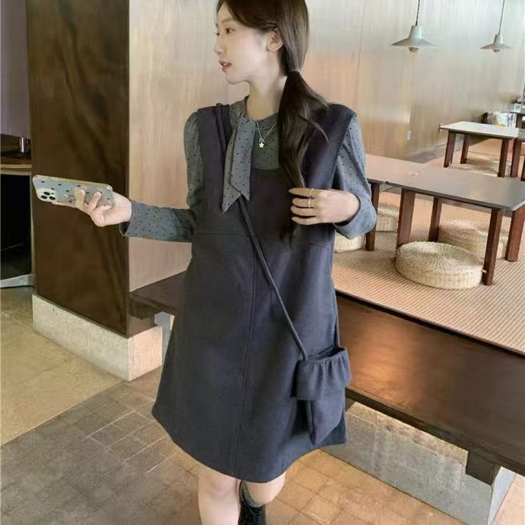 新疆包邮【1668】毛呢背心裙打底三件套套装（配包包）打底长50裙长82