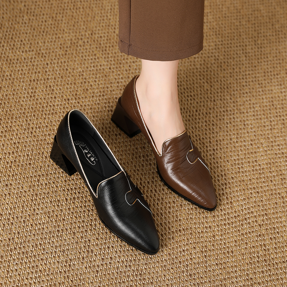 1732A-21单鞋春季新款高端上档次女鞋羊皮中跟压花羊皮粗跟皮鞋