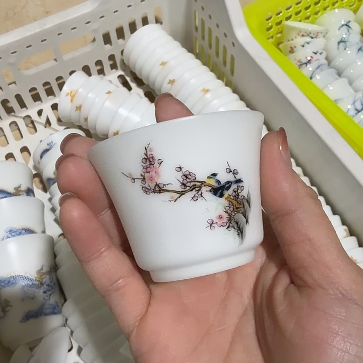 素烧冰种薄胎喜上眉梢杯子三个