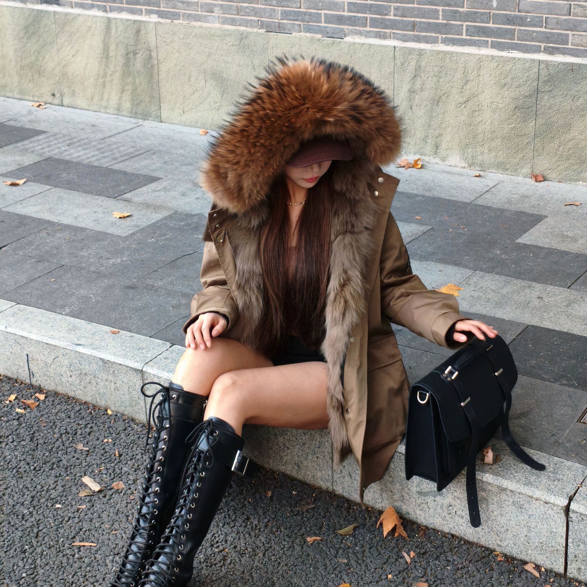 【冰川派克】设计师中长款百搭连帽韩版保暖冬季女装短外套F00008