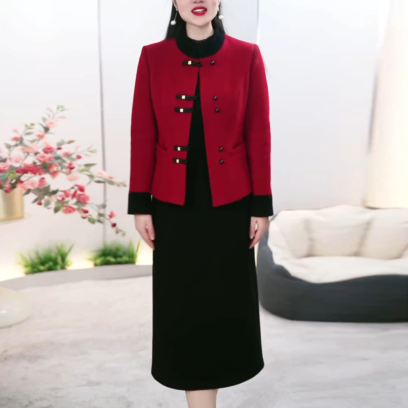 新中式高档加厚套装裙2025秋冬新款女士优雅显瘦连衣裙外套两件套