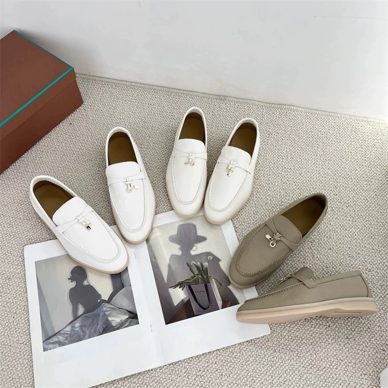 春秋新款真皮女鞋圆头白色休闲懒人一脚蹬单鞋平底LP乐福鞋皮面女