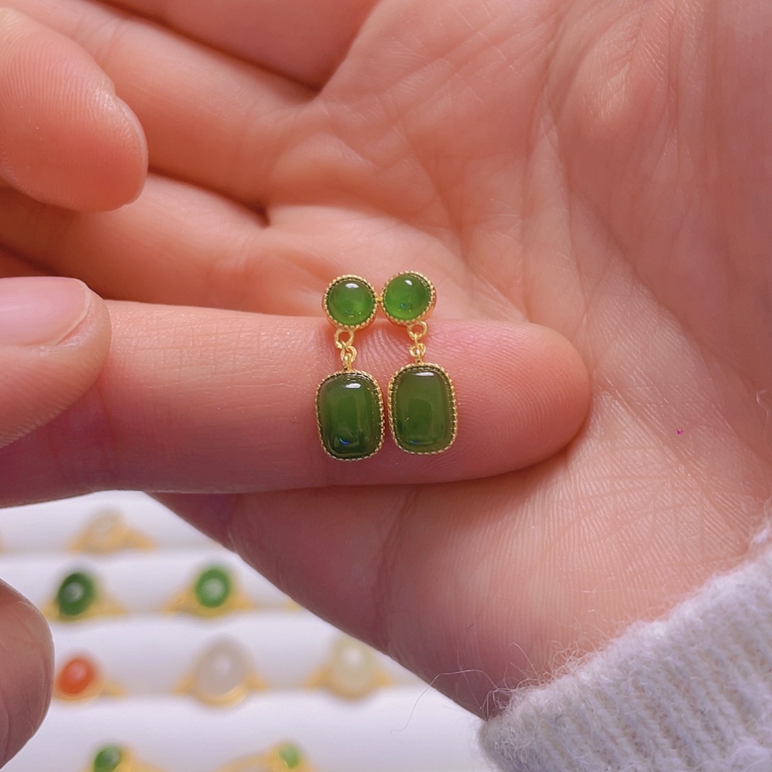 和田玉耳饰银S925镀金镶嵌