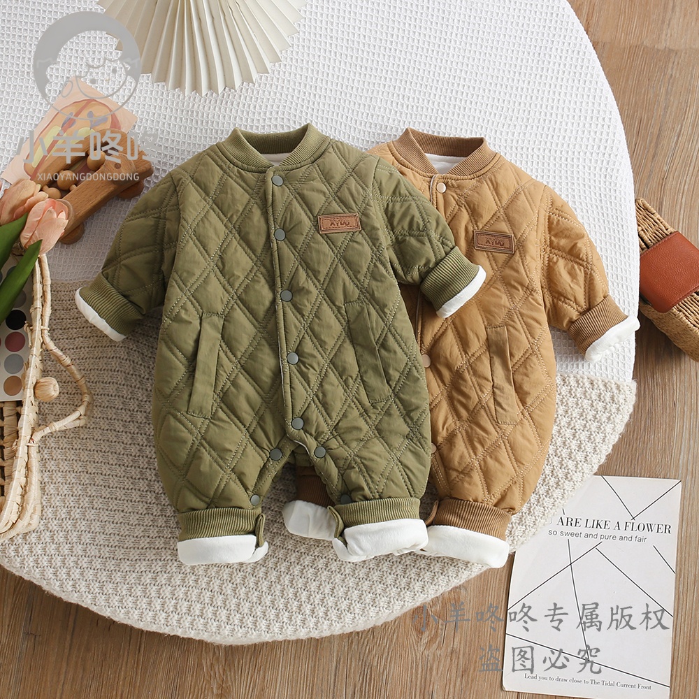 MR冬款迷你小战服哈衣男女宝洋气菱形格休闲爬服婴幼保暖连体衣