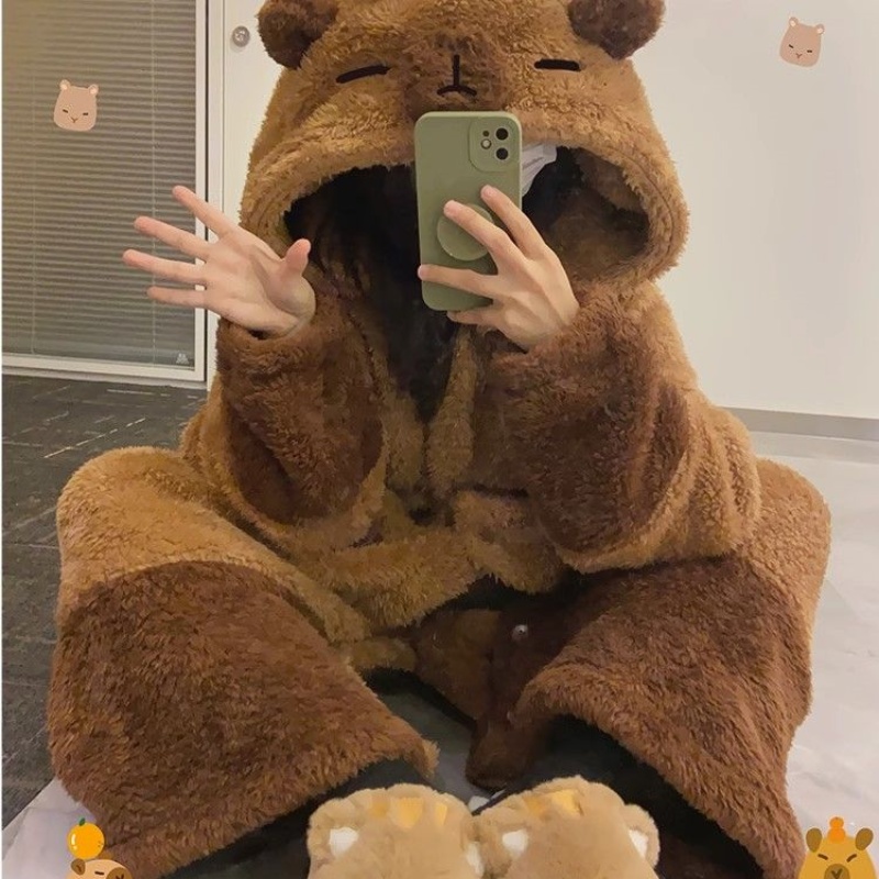 2025学生卡皮巴拉睡衣女冬季加绒加厚卡通睡袍珊瑚绒家居服套装潮