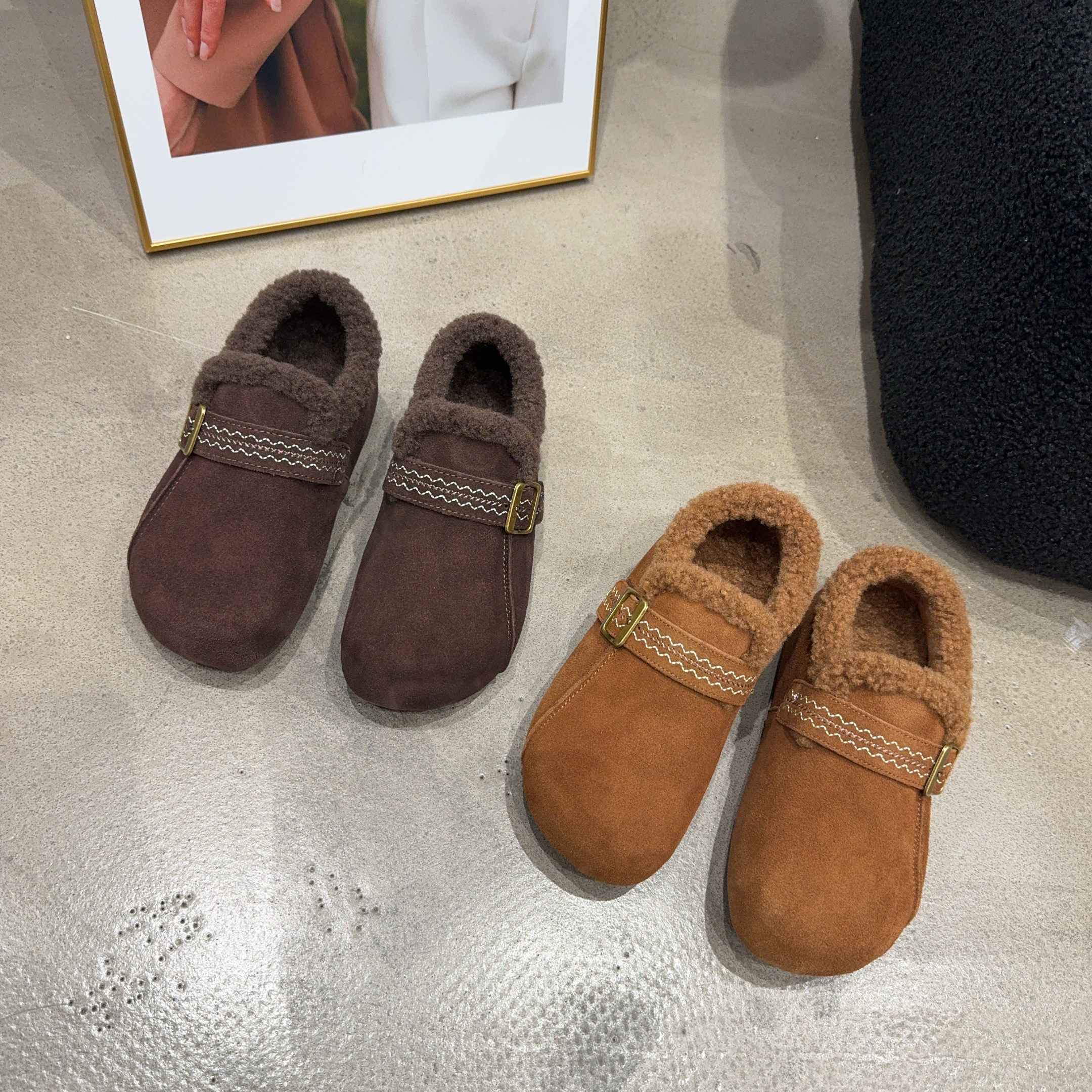 A7628乐乐家冬季新品女真皮真毛一字带勃肯内增高3.5cm潮网红同款