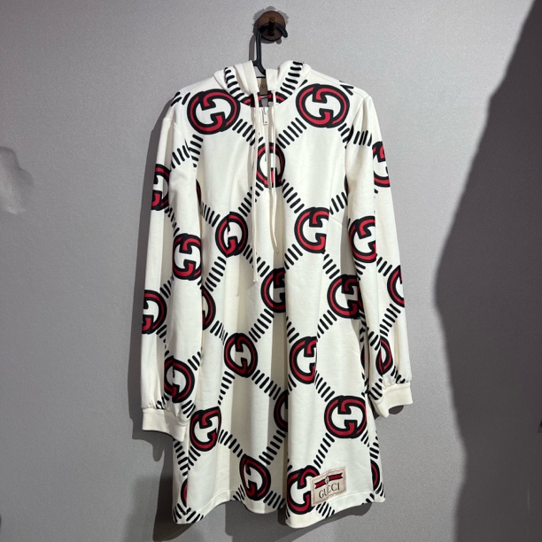 99新 GUCCI/古驰 M码/印花/时尚/白色/双g字母连帽连衣裙