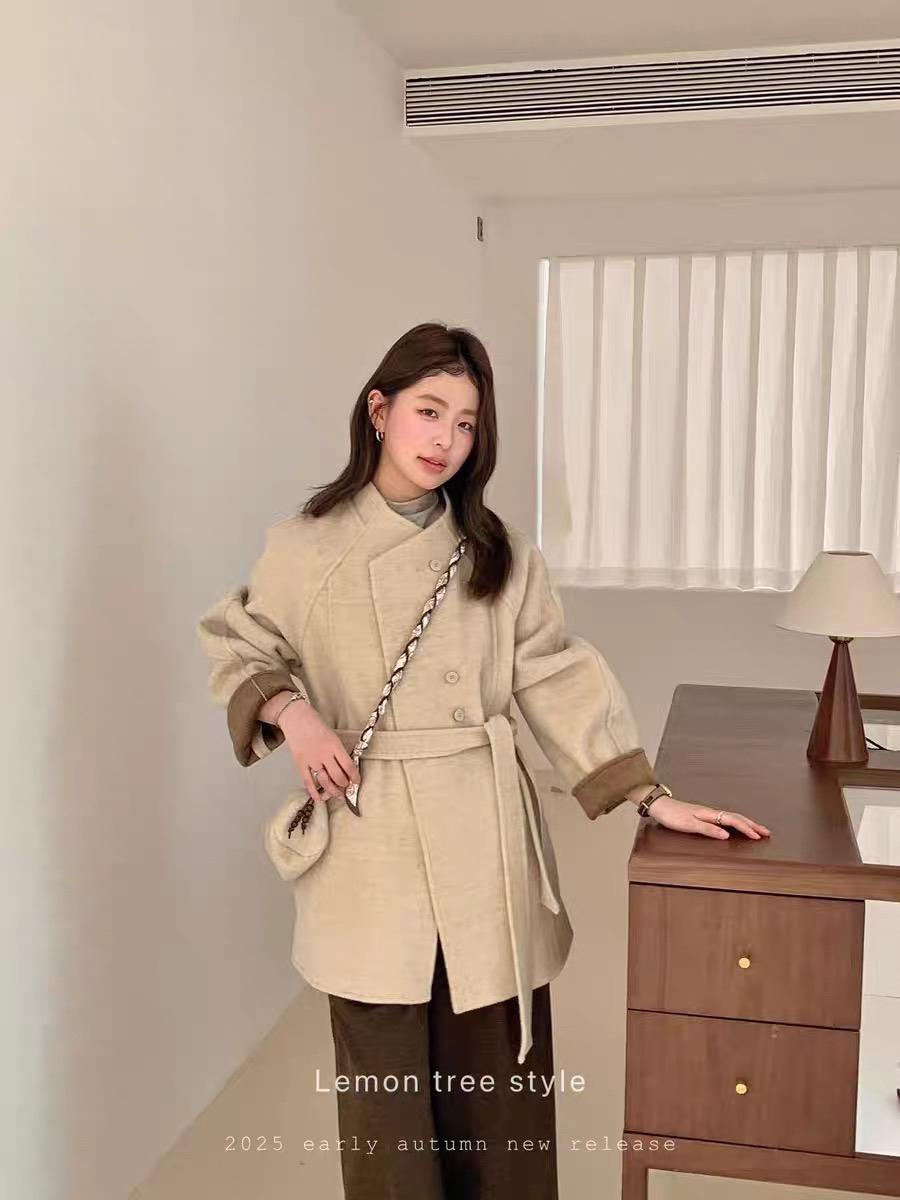 灰灰呀！配包包 韩系复古设计百搭立领中长款系带双面毛呢大衣外套