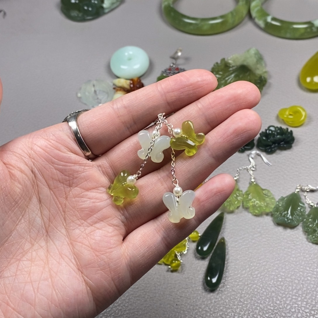 蛇纹石玉银S925镶嵌挂件耳饰