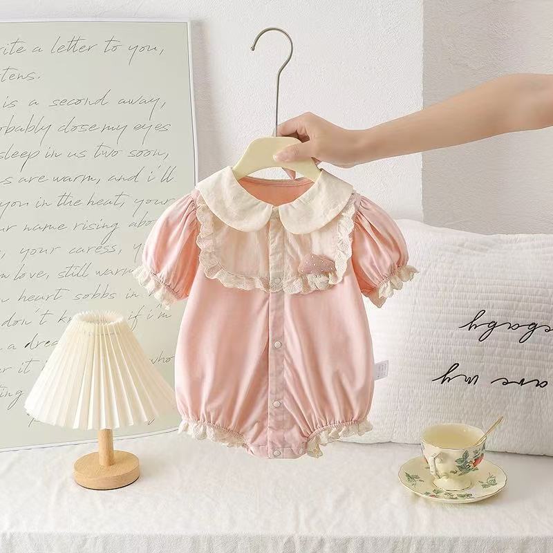 夏季婴儿甜美可爱娃娃领短袖包屁衣蕾丝包边哈衣