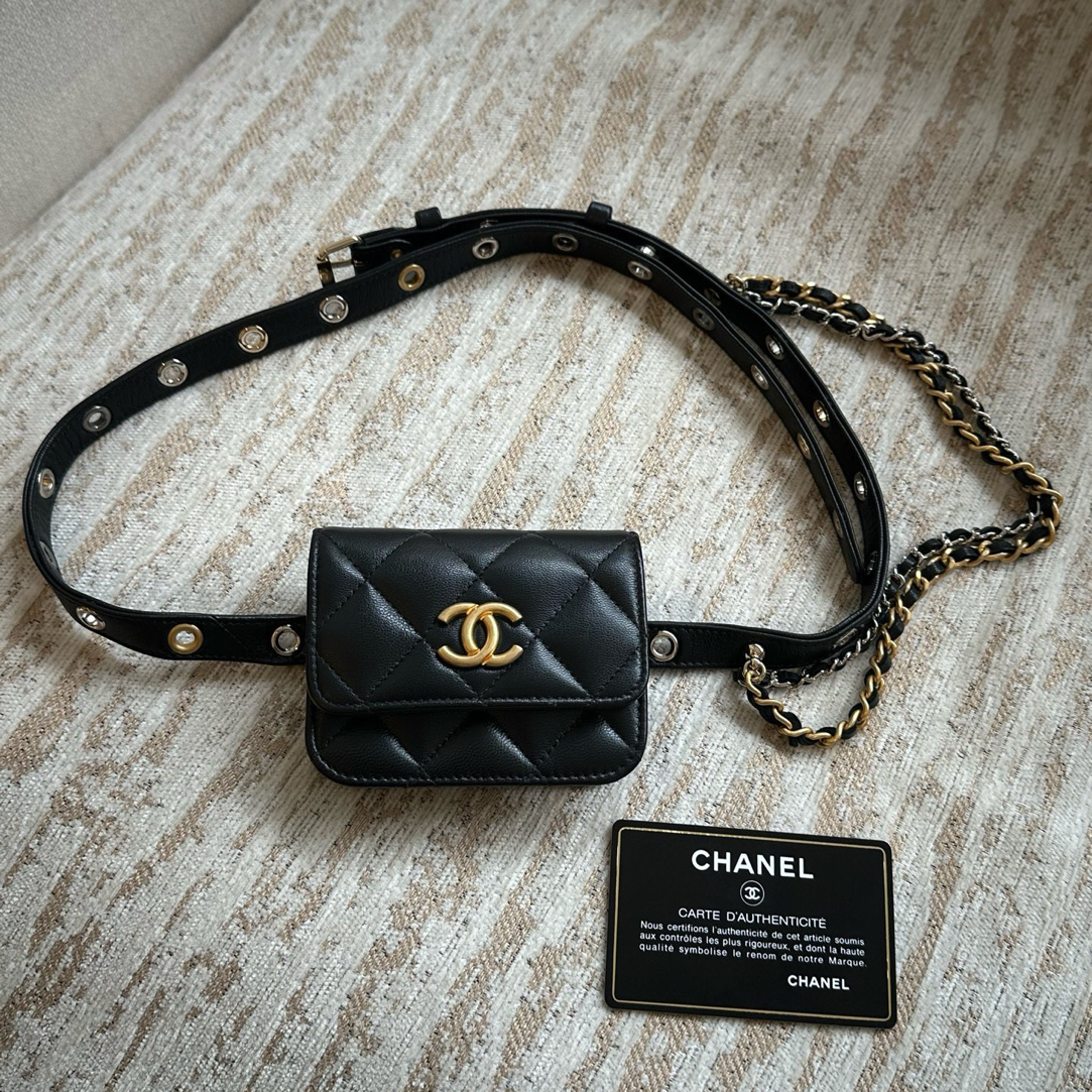 99新 Chanel/香奈儿 99新-黑色羊皮金链银链腰包