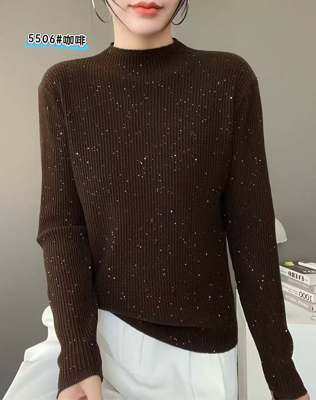 秋冬季女洋气时尚百搭长袖小立领套头毛针织【5506】