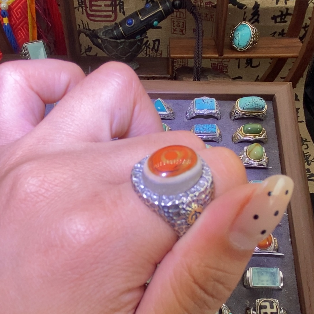 玛瑙/玉髓戒指银S925镶嵌战国红