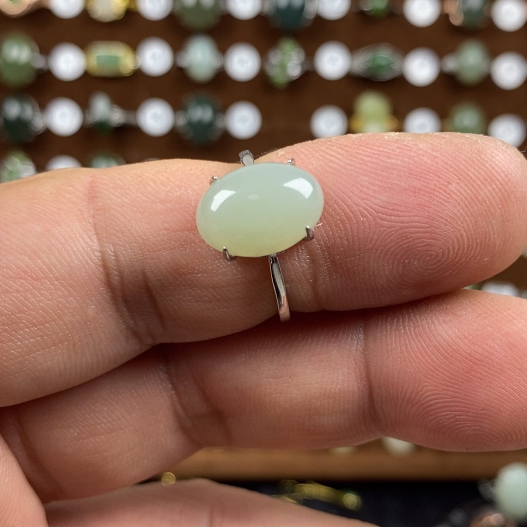 和田玉（青白玉）戒指银S925镀金镶嵌