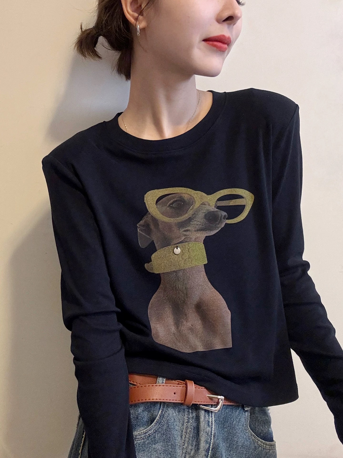 印花眼镜小狗长袖T恤女2025早秋新款洋气修身显瘦百搭圆领上衣潮t