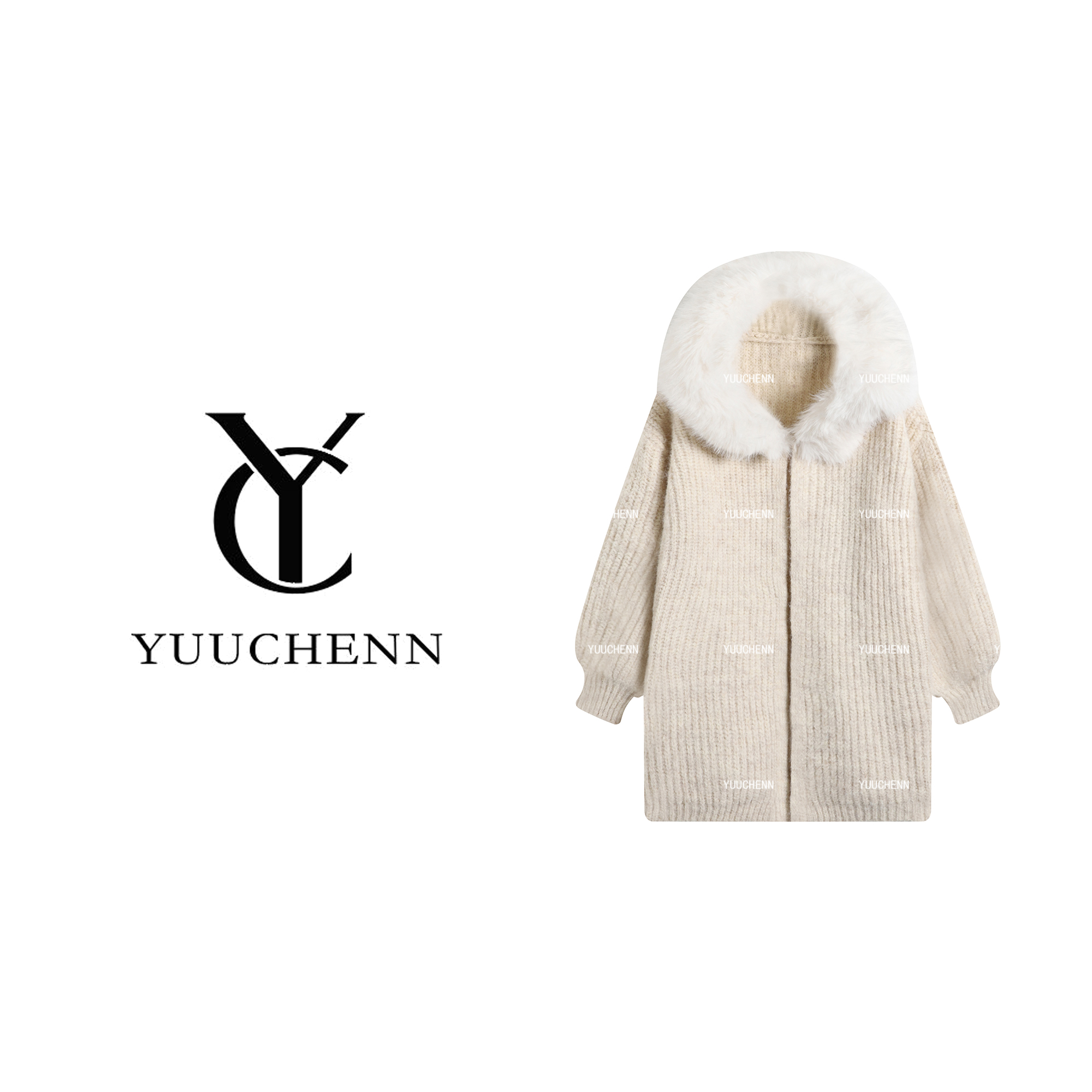 YUUCHENN”奶油小被“狐狸毛领连帽羊驼毛衣中长款针织25C-W70000