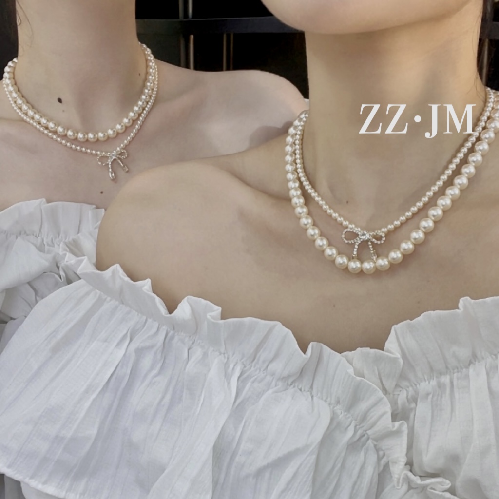 主播同款蝴蝶结优雅小米珠项链4mm叠戴8mm素版贝珠珠项链（2件）