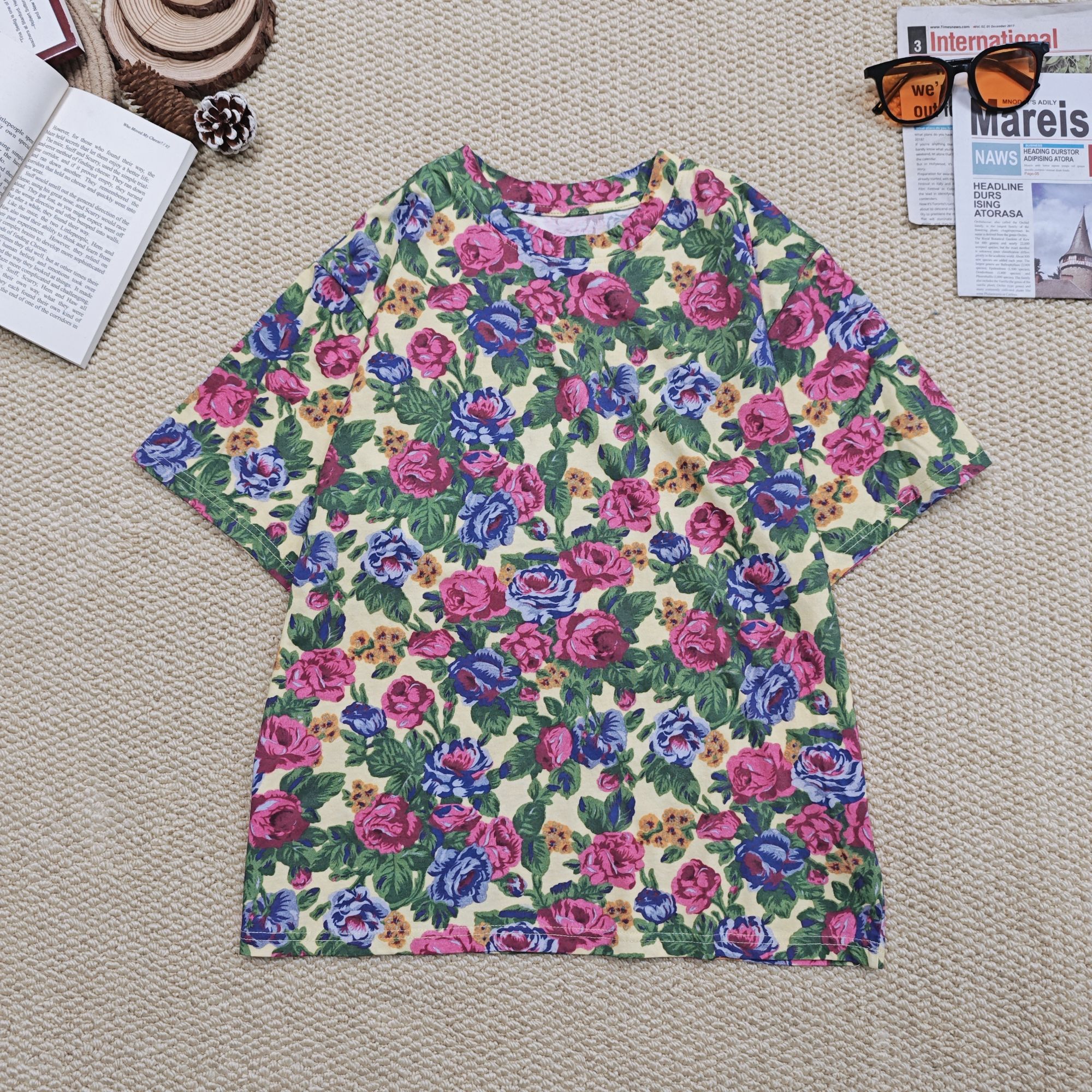 2025春季新款宽松百搭时碎花花朵卡通印花短袖T恤0913