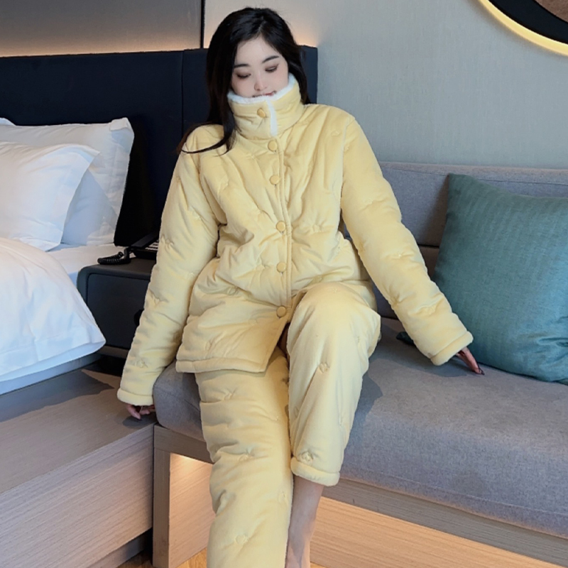 【仙黄爱心】睡衣女款冬季三层加厚夹棉珊瑚绒保暖宽松家居服套装