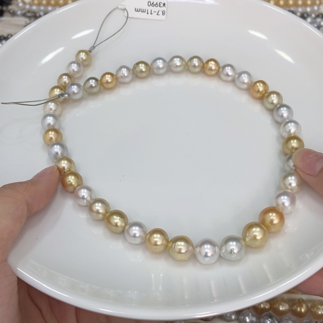 爱***鱼海水珍珠颈饰银S925镶嵌白金项链8.7-11mm丸