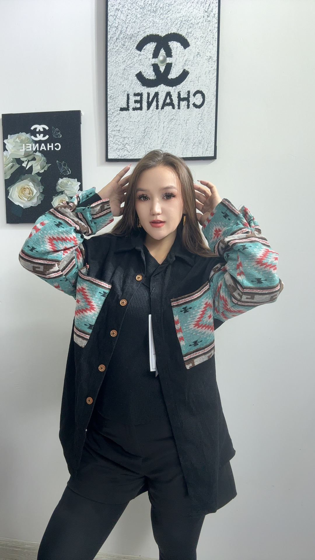 短外套撞色牛仔格子翻领冬季拼色长袖中长款女休闲