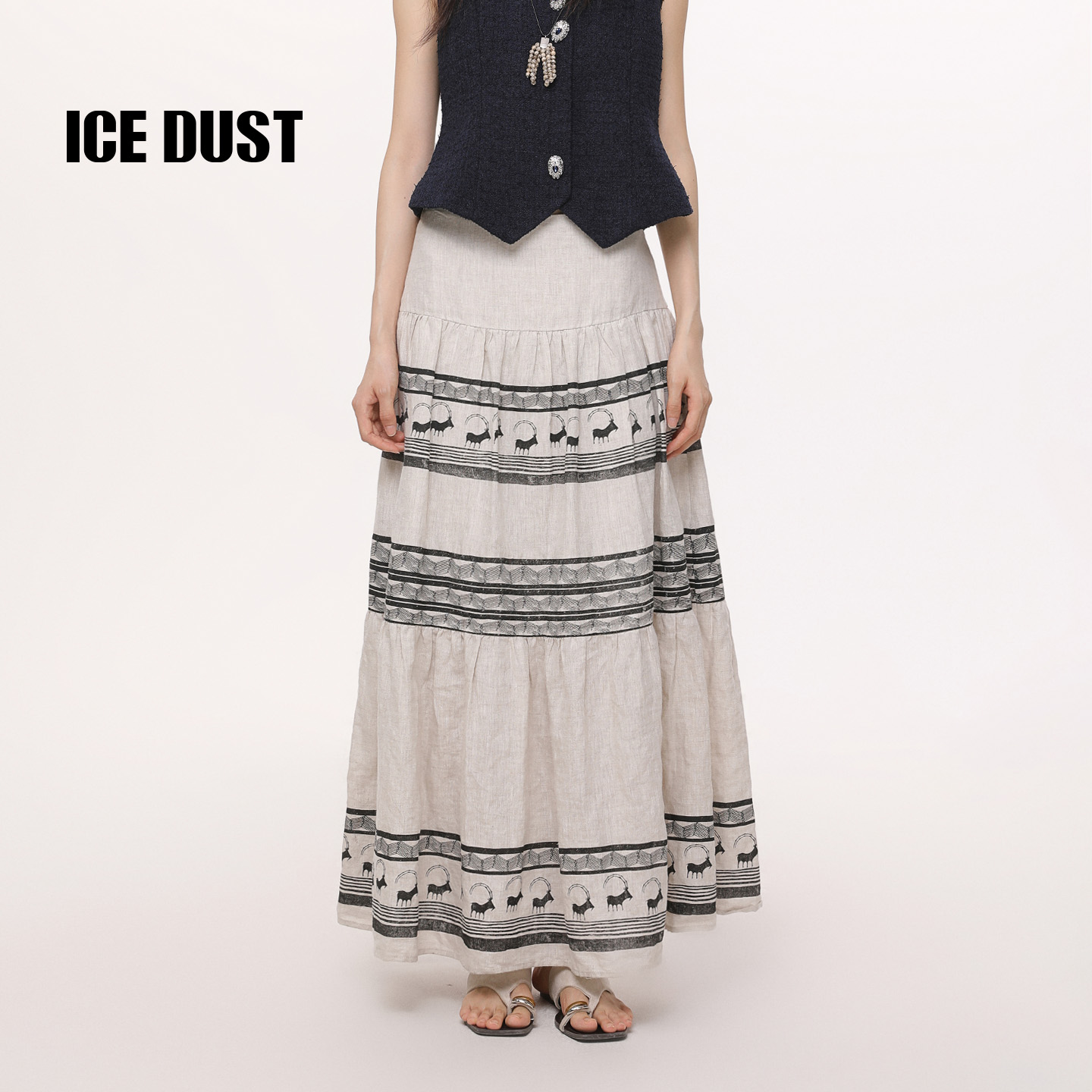 「姜妍同款」ICE DUST图腾印花A字半身裙女2025夏季薄亚麻中长裙子