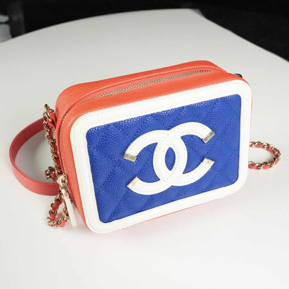 Chanel橙蓝拼色荔枝牛皮斜挎包
