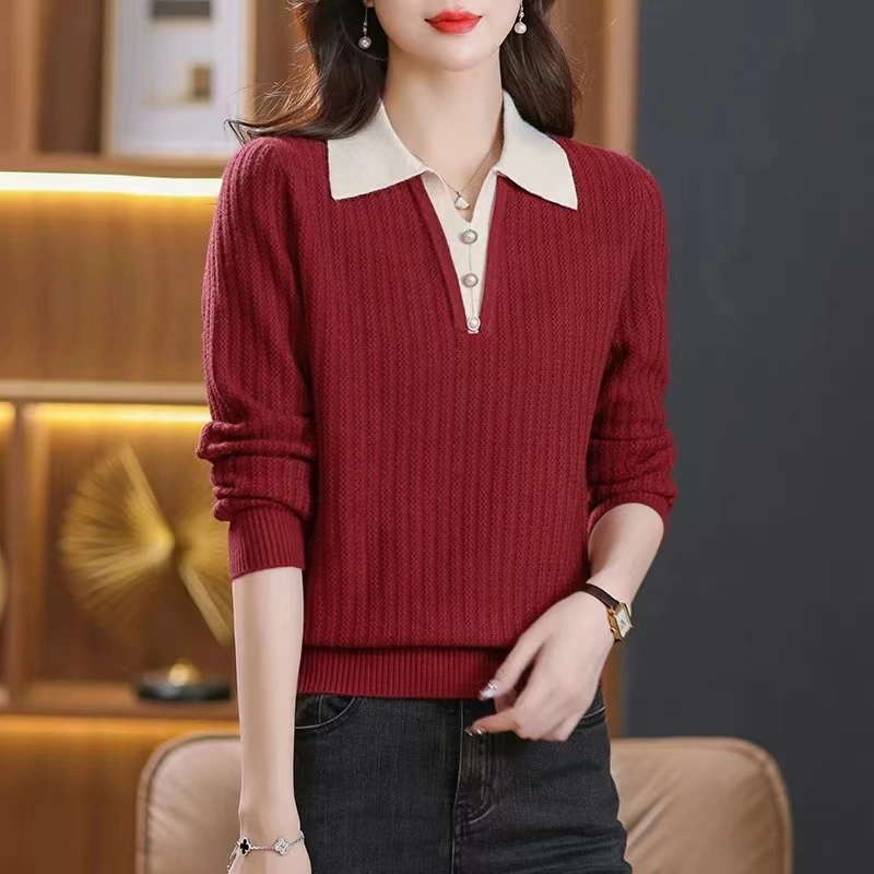 2025年高档女装时尚新款秋季翻领针织衫红色毛衣女2024新款爆款