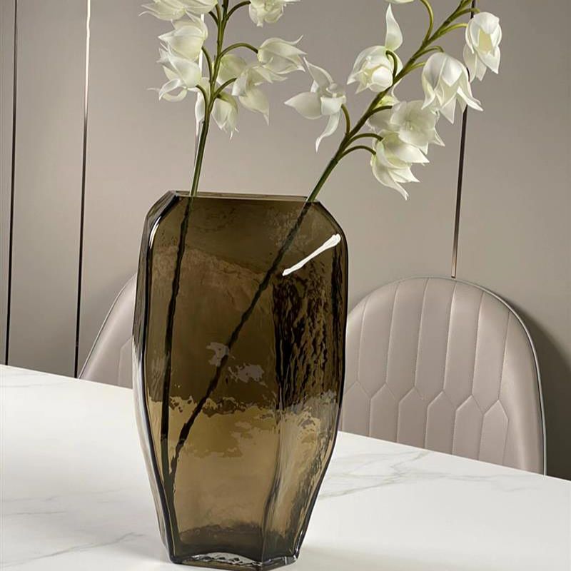 咖色扁几何大号玻璃花瓶创意冰纹水培花器家居客厅样板间软装摆件