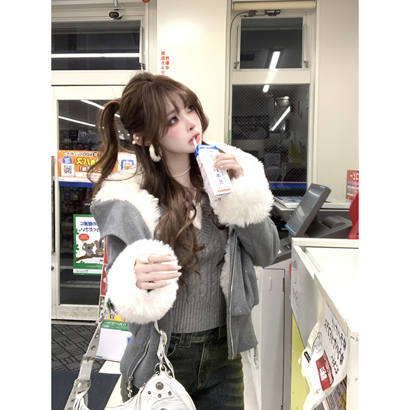 Suuuicee 绒绒雪松 美式连帽加绒毛绒内胆卫衣外套加厚棉服短外套
