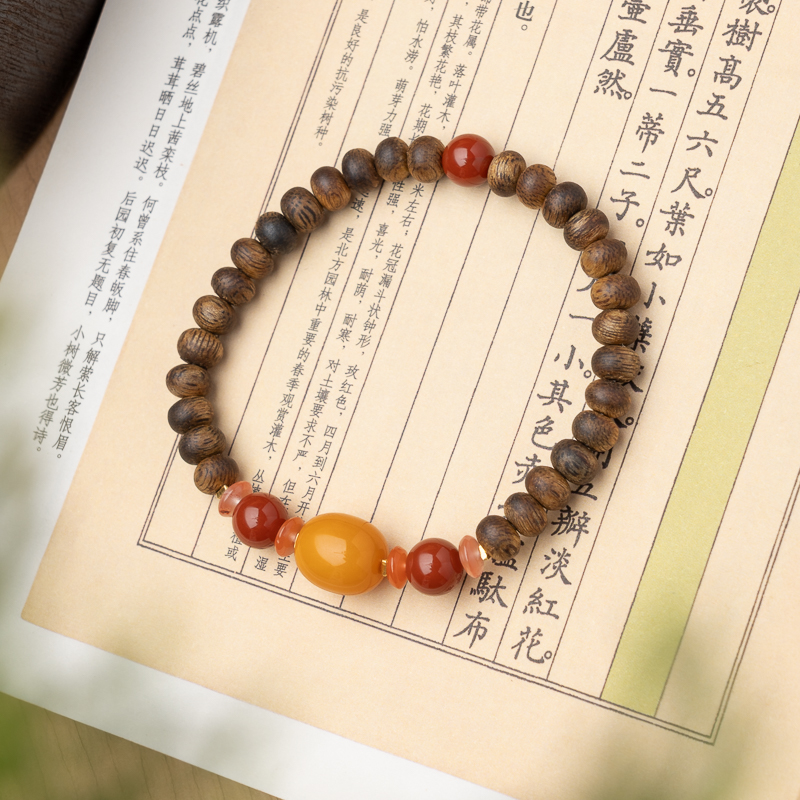 沉香莺歌绿奇楠沉香南红蜜蜡银饰单圈手串国潮文玩手串