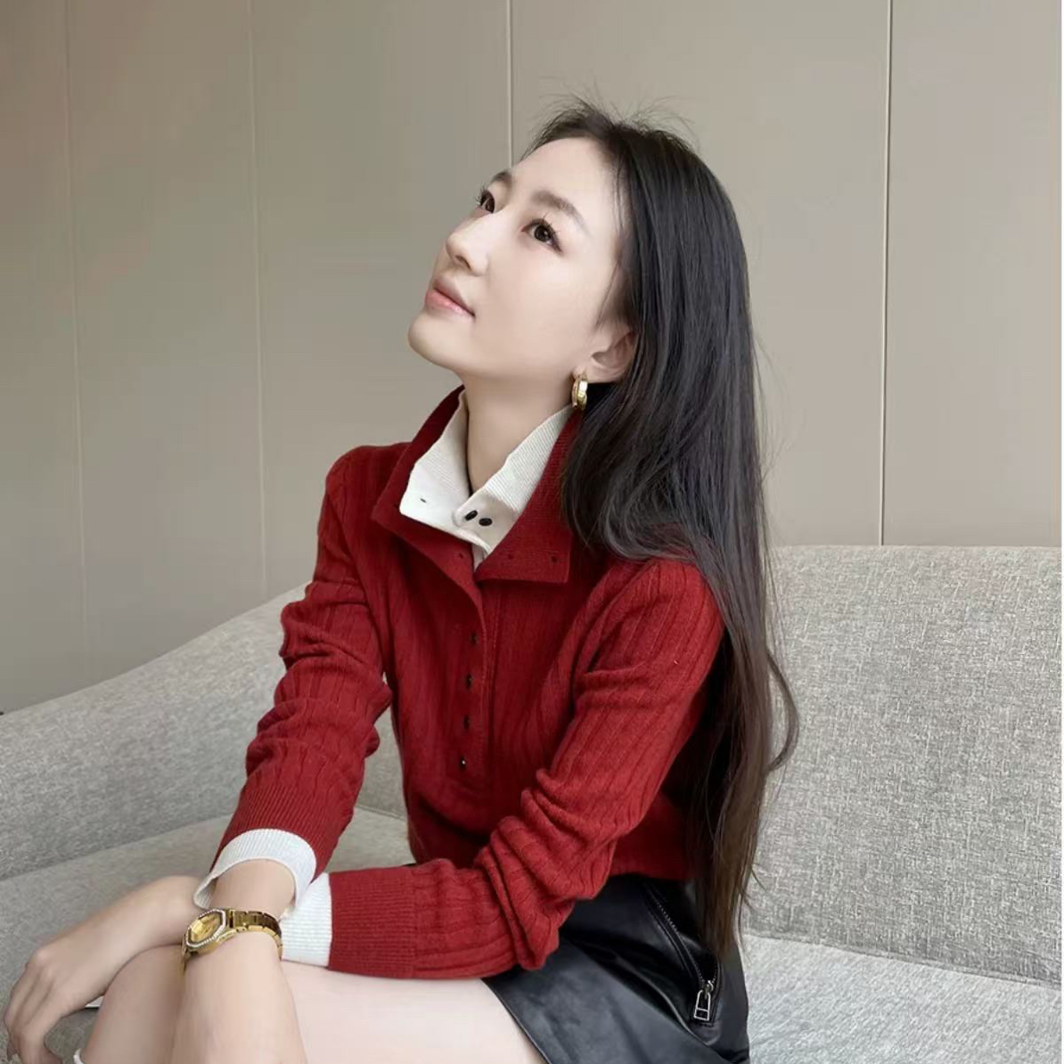 亨利领毛衣 复古撞色袖口知识分子风针织衫6548