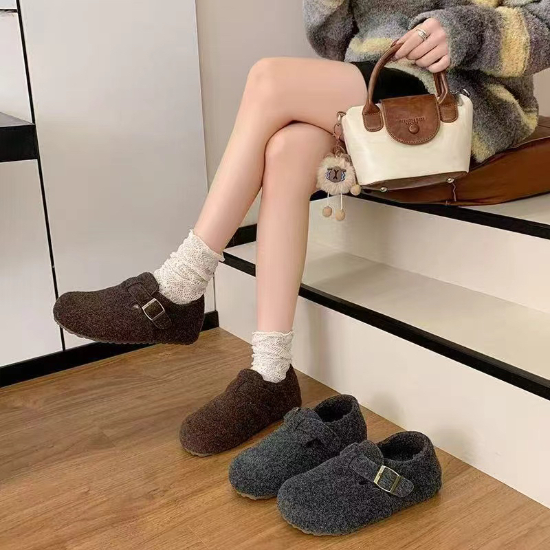 5CM~内增高勃肯鞋女厚底加绒棉鞋子女冬新款毛毛鞋女外穿呢子棉鞋