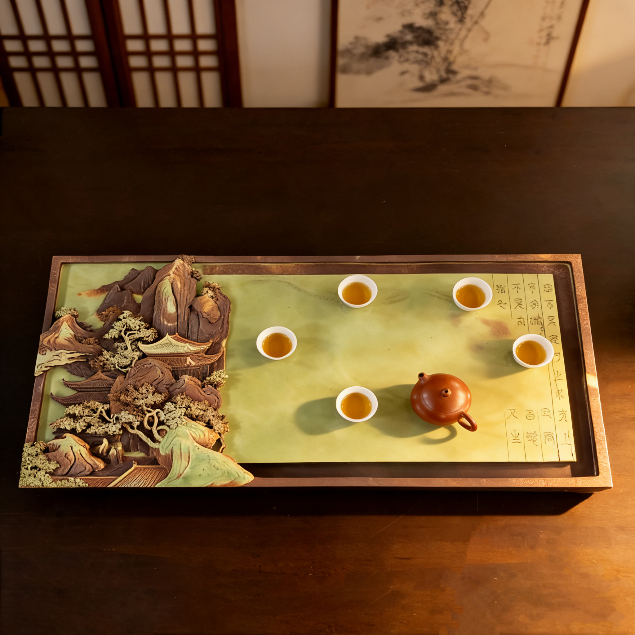 天然紫袍玉带石纯手工雕刻长方形茶盘家用办公高级功夫茶具一体