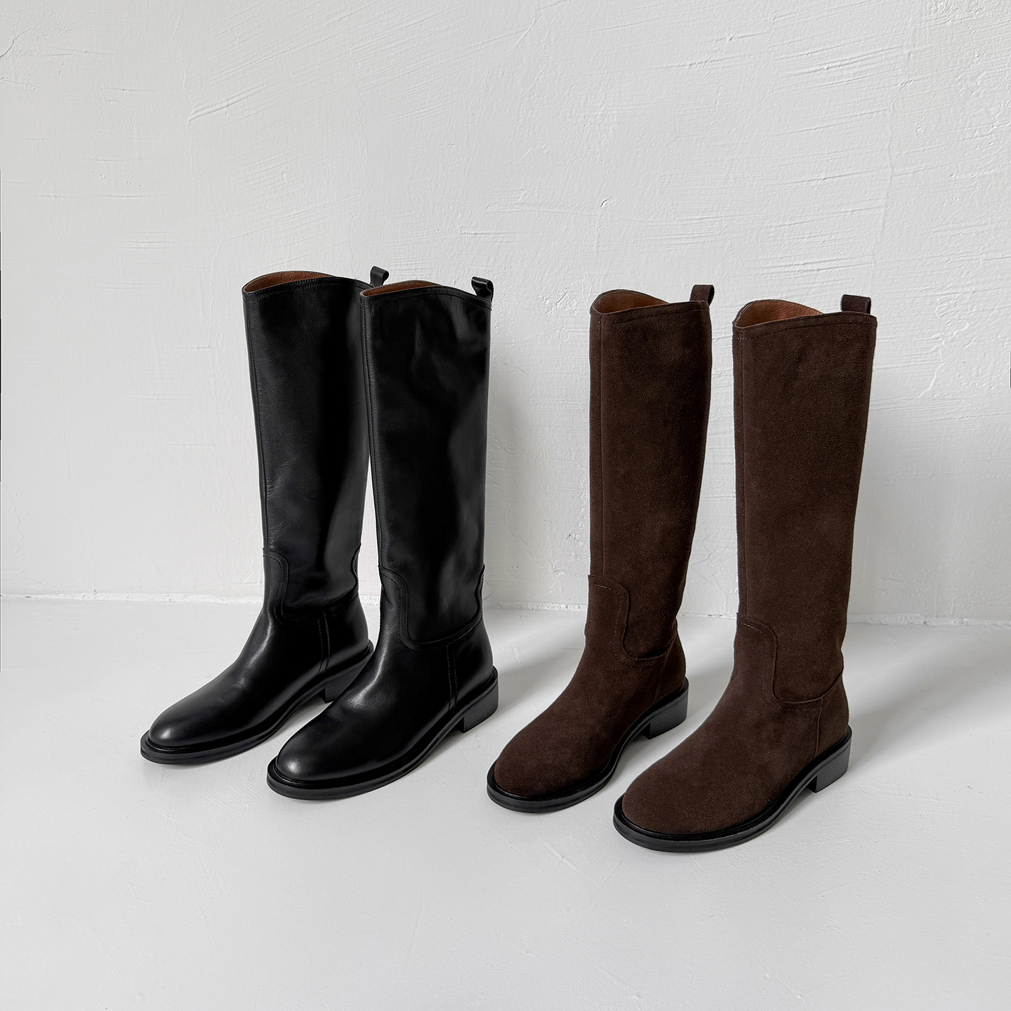 【短发姐妹】4cm~头层牛皮骑士靴女圆头粗跟英伦风真皮长筒靴显瘦