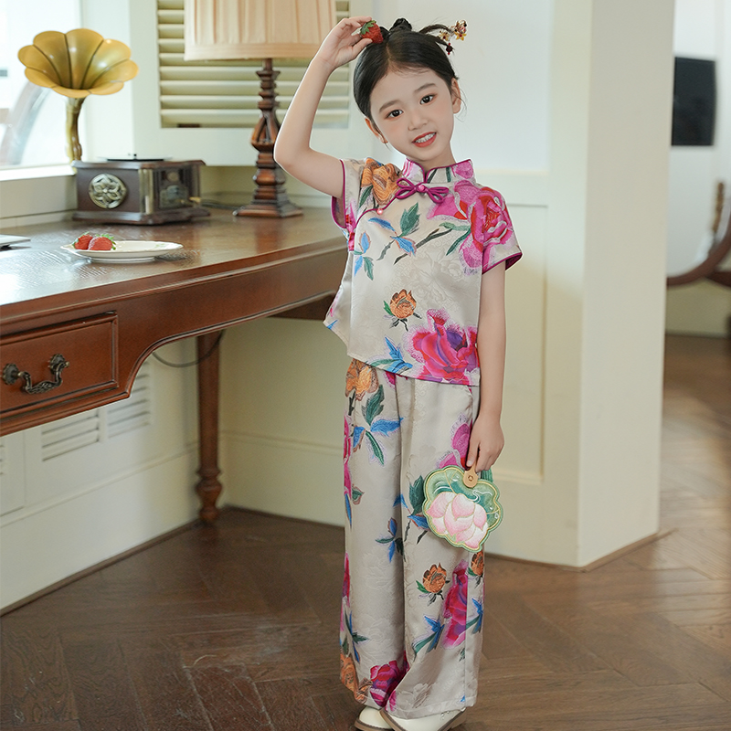80660女童新中式古风汉服套装改良旗袍上衣2025新款唐装国风套裤