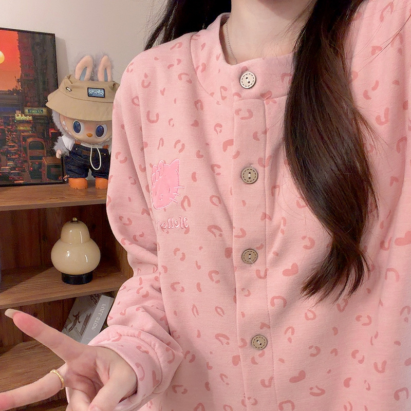 豹纹粉粉kitty睡衣女带胸垫绵羊绒秋冬季长袖加厚保暖家居服套装