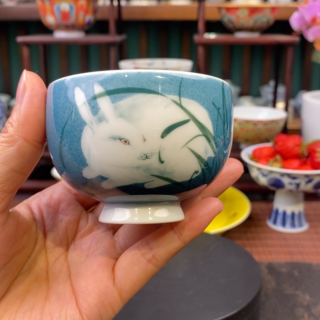 手工陶瓷柴窑釉下五彩兔杯